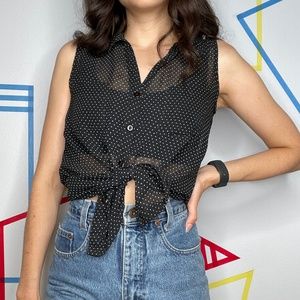 Black Polka Dotted Sleeveless Button-down